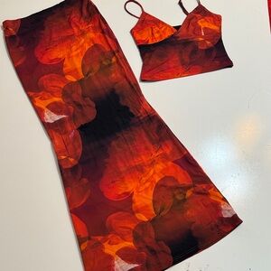 White Fox Vibrant Red and Orange Floral Two-Piece Set